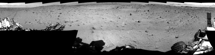 NASA's Mars rover Curiosity took 19 images in Gale Crater using its mast-mounted Right Navigation Camera (Navcam) to create this mosaic. The seam-corrected mosaic provides a 360-degree cylindrical-perspective projection panorama of the Martian surface suitable for stereo viewing, centered at 5 degrees azimuth (measured clockwise from north). This single-eye view must be combined with the partner left image to be viewed in stereo.  Curiosity took the images on January 24, 2014, Sol 522 of the Mars Science Laboratory mission at drive 1296, site number 25. The local mean solar time for the image exposures was from 1 PM to 12 PM. Each Navcam image has a 45-degree field of view. CREDIT: NASA/JPL-Caltech
