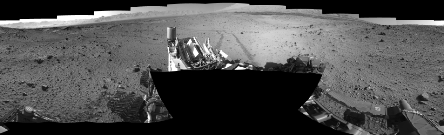 NASA's Mars rover Curiosity took 19 images in Gale Crater using its mast-mounted Left Navigation Camera (Navcam) to create this mosaic. The seam-corrected mosaic provides a 360-degree cylindrical-perspective projection panorama of the Martian surface suitable for stereo viewing, centered at 230 degrees azimuth (measured clockwise from north). This single-eye view must be combined with the partner right image to be viewed in stereo.  Curiosity took the images on January 27, 2014, Sol 524 of the Mars Science Laboratory mission at drive 1496, site number 25. The local mean solar time for the image exposures was 3 PM. Each Navcam image has a 45-degree field of view. CREDIT: NASA/JPL-Caltech