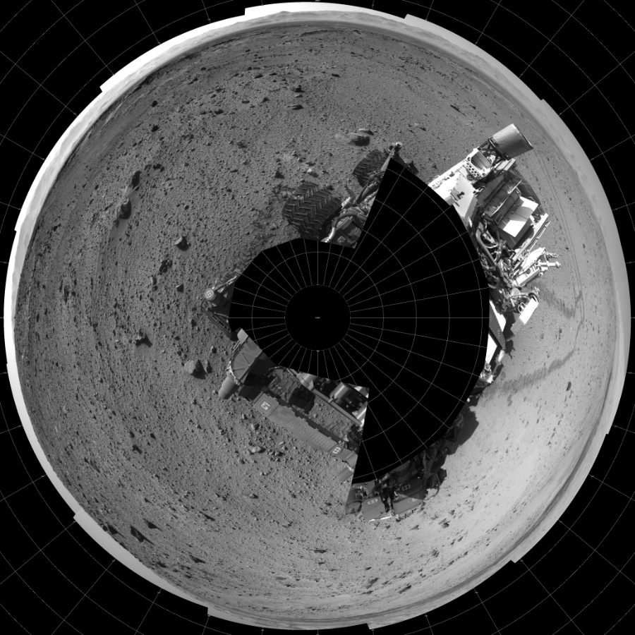 NASA's Mars rover Curiosity took 19 images in Gale Crater using its mast-mounted Left Navigation Camera (Navcam) to create this mosaic. The seam-corrected mosaic provides a polar stereographic projection panorama of the Martian surface with 0 degrees azimuth (measured clockwise from north) at the top of the image. Curiosity took the images on January 27, 2014, Sol 524 of the Mars Science Laboratory mission at drive 1496, site number 25. The local mean solar time for the image exposures was 3 PM. Each Navcam image has a 45-degree field of view. CREDIT: NASA/JPL-Caltech