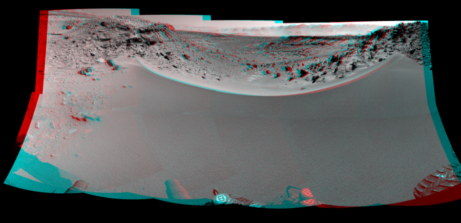 NASA's Mars rover Curiosity took 10 image pairs in Gale Crater using its mast-mounted Navigation Camera (Navcam) to create this mosaic. The seam-corrected mosaic provides a 192-degree cylindrical perspective projection panorama of the Martian surface suitable for stereo viewing, centered at 40 degrees azimuth (measured clockwise from north). This anaglyph must be viewed with red/blue glasses (red over left eye).  Curiosity took the images on January 31, 2014, Sol 528 of the Mars Science Laboratory mission at drive 168, site number 26. The local mean solar time for the image exposures was 1 PM. Each Navcam image has a 45-degree field of view. CREDIT: NASA/JPL-Caltech