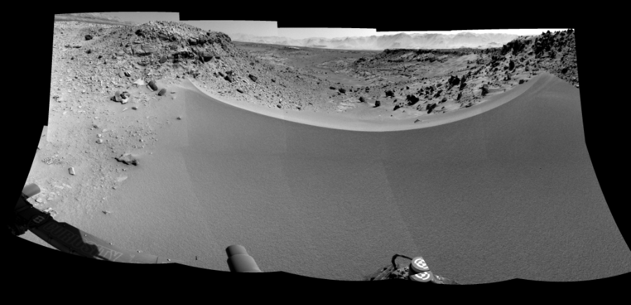NASA's Mars rover Curiosity took 10 images in Gale Crater using its mast-mounted Left Navigation Camera (Navcam) to create this mosaic. The seam-corrected mosaic provides a 192-degree cylindrical-perspective projection panorama of the Martian surface suitable for stereo viewing, centered at 40 degrees azimuth (measured clockwise from north). This single-eye view must be combined with the partner right image to be viewed in stereo.  Curiosity took the images on January 31, 2014, Sol 528 of the Mars Science Laboratory mission at drive 168, site number 26. The local mean solar time for the image exposures was 1 PM. Each Navcam image has a 45-degree field of view. CREDIT: NASA/JPL-Caltech