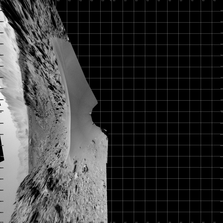 NASA's Mars rover Curiosity took 10 images in Gale Crater using its mast-mounted Left Navigation Camera (Navcam) to create this mosaic. The seam-corrected mosaic provides a vertical projection of the Martian surface near the rover, covering an area of 20 meters (north/south) by 20 meters (east/west). North is up in the image. This projection provides an overhead view, but introduces distortion for items not on the surface, such as large rocks and the rover itself. Curiosity took the images on January 31, 2014, Sol 528 of the Mars Science Laboratory mission at drive 168, site number 26. The local mean solar time for the image exposures was 1 PM. Each Navcam image has a 45-degree field of view. CREDIT: NASA/JPL-Caltech