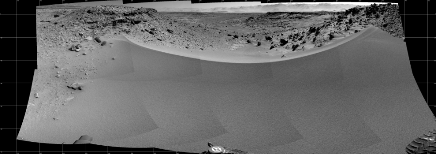 NASA's Mars rover Curiosity took 10 images in Gale Crater using its mast-mounted Right Navigation Camera (Navcam) to create this mosaic. The seam-corrected mosaic provides a 191-degree cylindrical projection panorama of the Martian surface centered at 258 degrees azimuth (measured clockwise from north). Curiosity took the images on January 31, 2014, Sol 528 of the Mars Science Laboratory mission at drive 168, site number 26. The local mean solar time for the image exposures was 1 PM. Each Navcam image has a 45 degree field of view. CREDIT: NASA/JPL-Caltech