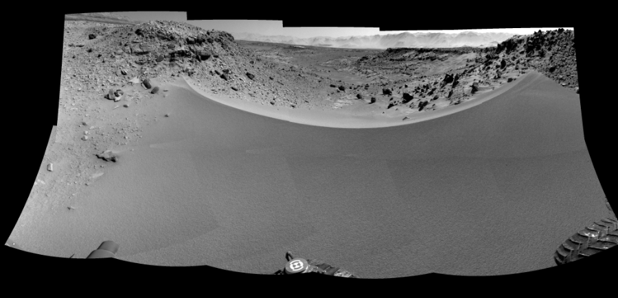 NASA's Mars rover Curiosity took 10 images in Gale Crater using its mast-mounted Right Navigation Camera (Navcam) to create this mosaic. The seam-corrected mosaic provides a 192-degree cylindrical-perspective projection panorama of the Martian surface suitable for stereo viewing, centered at 37 degrees azimuth (measured clockwise from north). This single-eye view must be combined with the partner left image to be viewed in stereo.  Curiosity took the images on January 31, 2014, Sol 528 of the Mars Science Laboratory mission at drive 168, site number 26. The local mean solar time for the image exposures was 1 PM. Each Navcam image has a 45-degree field of view. CREDIT: NASA/JPL-Caltech