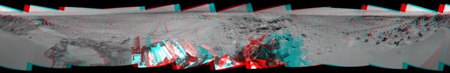 NASA's Mars rover Curiosity took 12 image pairs in Gale Crater using its mast-mounted Navigation Camera (Navcam) to create this mosaic. The seam-corrected mosaic provides a 360-degree cylindrical perspective projection panorama of the Martian surface suitable for stereo viewing, centered at 254 degrees azimuth (measured clockwise from north). This anaglyph must be viewed with red/blue glasses (red over left eye). Curiosity took the images on February 05, 2014, Sol 533 of the Mars Science Laboratory mission at drive 292, site number 26. The local mean solar time for the image exposures was from 1 PM to 12 PM. Each Navcam image has a 45-degree field of view. CREDIT: NASA/JPL-Caltech