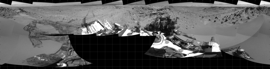 NASA's Mars rover Curiosity took 19 images in Gale Crater using its mast-mounted Left Navigation Camera (Navcam) to create this mosaic. The seam-corrected mosaic provides a 360-degree cylindrical projection panorama of the Martian surface centered at 180 degrees azimuth (measured clockwise from north). Curiosity took the images on February 05, 2014, Sol 533 of the Mars Science Laboratory mission at drive 292, site number 26. The local mean solar time for the image exposures was from 1 PM to 12 PM. Each Navcam image has a 45 degree field of view. CREDIT: NASA/JPL-Caltech