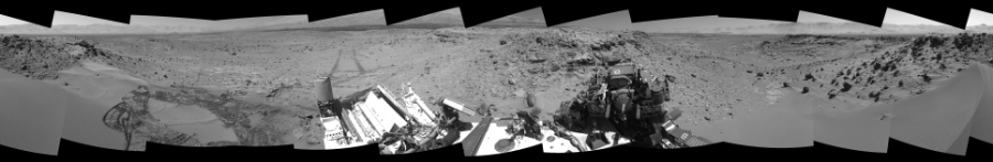NASA's Mars rover Curiosity took 12 images in Gale Crater using its mast-mounted Left Navigation Camera (Navcam) to create this mosaic. The seam-corrected mosaic provides a 360-degree cylindrical-perspective projection panorama of the Martian surface suitable for stereo viewing, centered at 254 degrees azimuth (measured clockwise from north). This single-eye view must be combined with the partner right image to be viewed in stereo.  Curiosity took the images on February 05, 2014, Sol 533 of the Mars Science Laboratory mission at drive 292, site number 26. The local mean solar time for the image exposures was from 1 PM to 12 PM. Each Navcam image has a 45-degree field of view. CREDIT: NASA/JPL-Caltech