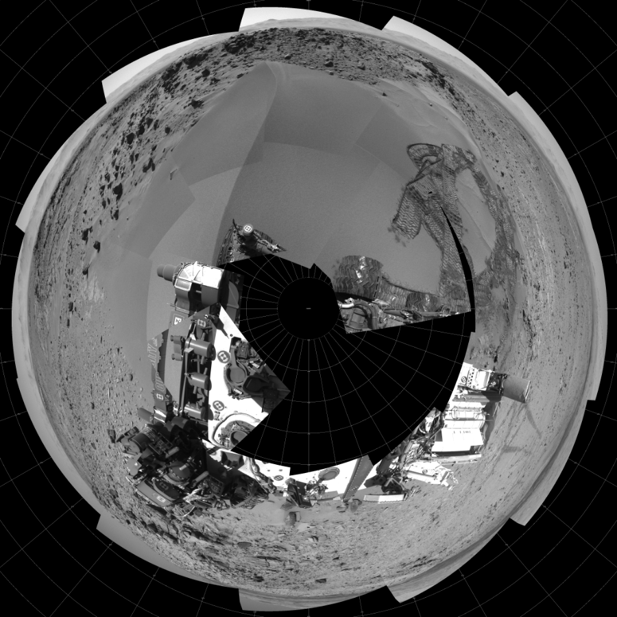 NASA's Mars rover Curiosity took 19 images in Gale Crater using its mast-mounted Left Navigation Camera (Navcam) to create this mosaic. The seam-corrected mosaic provides a polar stereographic projection panorama of the Martian surface with 0 degrees azimuth (measured clockwise from north) at the top of the image. Curiosity took the images on February 05, 2014, Sol 533 of the Mars Science Laboratory mission at drive 292, site number 26. The local mean solar time for the image exposures was from 1 PM to 12 PM. Each Navcam image has a 45-degree field of view. CREDIT: NASA/JPL-Caltech