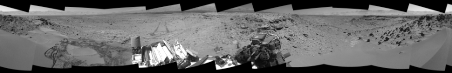 NASA's Mars rover Curiosity took 12 images in Gale Crater using its mast-mounted Right Navigation Camera (Navcam) to create this mosaic. The seam-corrected mosaic provides a 360-degree cylindrical-perspective projection panorama of the Martian surface suitable for stereo viewing, centered at 249 degrees azimuth (measured clockwise from north). This single-eye view must be combined with the partner left image to be viewed in stereo.  Curiosity took the images on February 05, 2014, Sol 533 of the Mars Science Laboratory mission at drive 292, site number 26. The local mean solar time for the image exposures was from 1 PM to 12 PM. Each Navcam image has a 45-degree field of view. CREDIT: NASA/JPL-Caltech