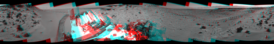 NASA's Mars rover Curiosity took 12 image pairs in Gale Crater using its mast-mounted Navigation Camera (Navcam) to create this mosaic. The seam-corrected mosaic provides a 360-degree cylindrical perspective projection panorama of the Martian surface suitable for stereo viewing, centered at 268 degrees azimuth (measured clockwise from north). This anaglyph must be viewed with red/blue glasses (red over left eye).  Curiosity took the images on February 07, 2014, Sol 535 of the Mars Science Laboratory mission at drive 366, site number 26. The local mean solar time for the image exposures was 2 PM. Each Navcam image has a 45-degree field of view. CREDIT: NASA/JPL-Caltech