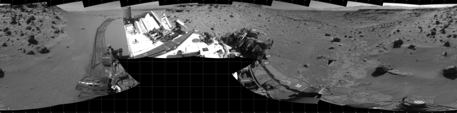 NASA's Mars rover Curiosity took 18 images in Gale Crater using its mast-mounted Left Navigation Camera (Navcam) to create this mosaic. The seam-corrected mosaic provides a 360-degree cylindrical projection panorama of the Martian surface centered at 180 degrees azimuth (measured clockwise from north). Curiosity took the images on February 07, 2014, Sol 535 of the Mars Science Laboratory mission at drive 366, site number 26. The local mean solar time for the image exposures was 2 PM. Each Navcam image has a 45 degree field of view. CREDIT: NASA/JPL-Caltech