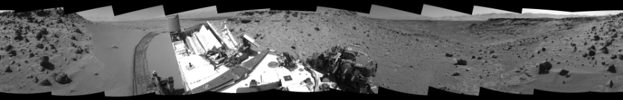 NASA's Mars rover Curiosity took 12 images in Gale Crater using its mast-mounted Left Navigation Camera (Navcam) to create this mosaic. The seam-corrected mosaic provides a 360-degree cylindrical-perspective projection panorama of the Martian surface suitable for stereo viewing, centered at 268 degrees azimuth (measured clockwise from north). This single-eye view must be combined with the partner right image to be viewed in stereo.  Curiosity took the images on February 07, 2014, Sol 535 of the Mars Science Laboratory mission at drive 366, site number 26. The local mean solar time for the image exposures was 2 PM. Each Navcam image has a 45-degree field of view. CREDIT: NASA/JPL-Caltech