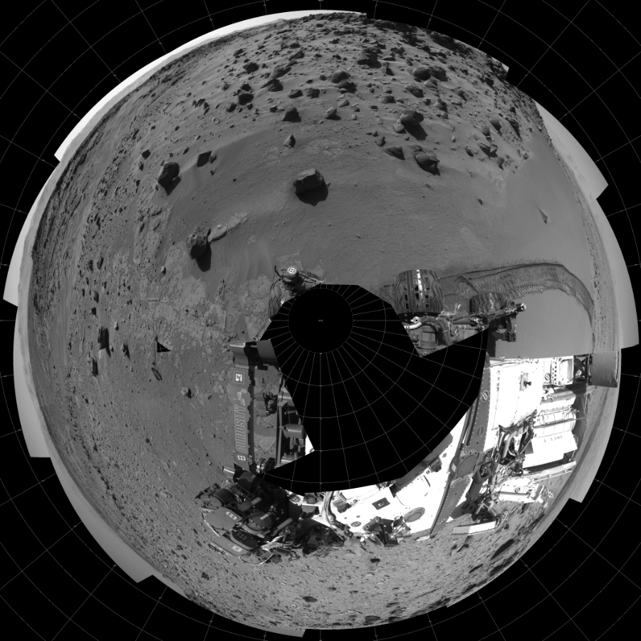 NASA's Mars rover Curiosity took 18 images in Gale Crater using its mast-mounted Left Navigation Camera (Navcam) to create this mosaic. The seam-corrected mosaic provides a polar stereographic projection panorama of the Martian surface with 0 degrees azimuth (measured clockwise from north) at the top of the image. Curiosity took the images on February 07, 2014, Sol 535 of the Mars Science Laboratory mission at drive 366, site number 26. The local mean solar time for the image exposures was 2 PM. Each Navcam image has a 45-degree field of view. CREDIT: NASA/JPL-Caltech
