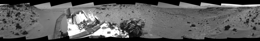 NASA's Mars rover Curiosity took 12 images in Gale Crater using its mast-mounted Right Navigation Camera (Navcam) to create this mosaic. The seam-corrected mosaic provides a 360-degree cylindrical-perspective projection panorama of the Martian surface suitable for stereo viewing, centered at 264 degrees azimuth (measured clockwise from north). This single-eye view must be combined with the partner left image to be viewed in stereo.  Curiosity took the images on February 07, 2014, Sol 535 of the Mars Science Laboratory mission at drive 366, site number 26. The local mean solar time for the image exposures was 2 PM. Each Navcam image has a 45-degree field of view. CREDIT: NASA/JPL-Caltech