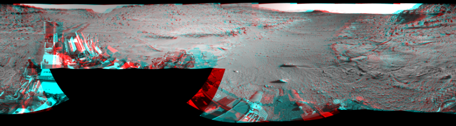 NASA's Mars rover Curiosity took 19 image pairs in Gale Crater using its mast-mounted Navigation Camera (Navcam) to create this mosaic. The seam-corrected mosaic provides a 360-degree cylindrical perspective projection panorama of the Martian surface suitable for stereo viewing, centered at 322 degrees azimuth (measured clockwise from north). This anaglyph must be viewed with red/blue glasses (red over left eye).  Curiosity took the images on February 11, 2014, Sols 539-538 of the Mars Science Laboratory mission at drive 708, site number 26. The local mean solar time for the image exposures was from 1 PM to 3 PM. Each Navcam image has a 45-degree field of view. CREDIT: NASA/JPL-Caltech