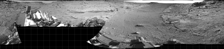 NASA's Mars rover Curiosity took 19 images in Gale Crater using its mast-mounted Left Navigation Camera (Navcam) to create this mosaic. The seam-corrected mosaic provides a 360-degree cylindrical projection panorama of the Martian surface centered at 180 degrees azimuth (measured clockwise from north). Curiosity took the images on February 11, 2014, Sols 539-538 of the Mars Science Laboratory mission at drive 708, site number 26. The local mean solar time for the image exposures was from 1 PM to 3 PM. Each Navcam image has a 45 degree field of view. CREDIT: NASA/JPL-Caltech