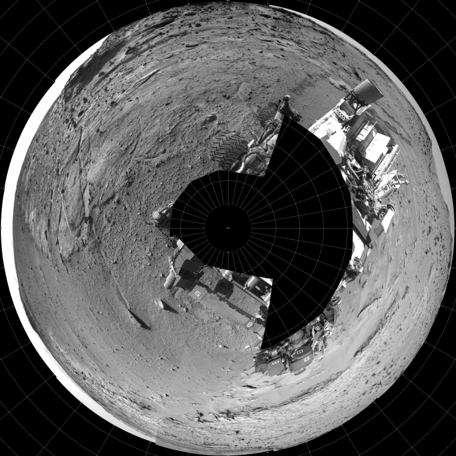 NASA's Mars rover Curiosity took 19 images in Gale Crater using its mast-mounted Left Navigation Camera (Navcam) to create this mosaic. The seam-corrected mosaic provides a polar stereographic projection panorama of the Martian surface with 0 degrees azimuth (measured clockwise from north) at the top of the image. Curiosity took the images on February 11, 2014, Sols 539-538 of the Mars Science Laboratory mission at drive 708, site number 26. The local mean solar time for the image exposures was from 1 PM to 3 PM. Each Navcam image has a 45-degree field of view. CREDIT: NASA/JPL-Caltech