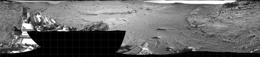 NASA's Mars rover Curiosity took 19 images in Gale Crater using its mast-mounted Right Navigation Camera (Navcam) to create this mosaic. The seam-corrected mosaic provides a 360-degree cylindrical projection panorama of the Martian surface centered at 180 degrees azimuth (measured clockwise from north). Curiosity took the images on February 11, 2014, Sols 539-538 of the Mars Science Laboratory mission at drive 708, site number 26. The local mean solar time for the image exposures was from 1 PM to 3 PM. Each Navcam image has a 45 degree field of view. CREDIT: NASA/JPL-Caltech