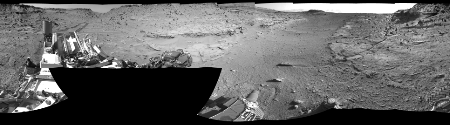 NASA's Mars rover Curiosity took 19 images in Gale Crater using its mast-mounted Right Navigation Camera (Navcam) to create this mosaic. The seam-corrected mosaic provides a 360-degree cylindrical-perspective projection panorama of the Martian surface suitable for stereo viewing, centered at 317 degrees azimuth (measured clockwise from north). This single-eye view must be combined with the partner left image to be viewed in stereo.  Curiosity took the images on February 11, 2014, Sols 539-538 of the Mars Science Laboratory mission at drive 708, site number 26. The local mean solar time for the image exposures was from 1 PM to 3 PM. Each Navcam image has a 45-degree field of view. CREDIT: NASA/JPL-Caltech