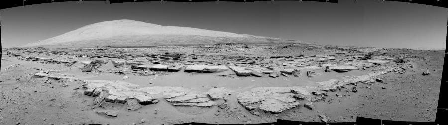 NASA's Mars rover Curiosity took 5 images in Gale Crater using its mast-mounted Left Navigation Camera (Navcam) to create this mosaic. The seam-corrected mosaic provides a 163-degree cylindrical projection panorama of the Martian surface centered at 163 degrees azimuth (measured clockwise from north). Curiosity took the images on February 20, 2014, Sol 548 of the Mars Science Laboratory mission at drive 802, site number 27. The local mean solar time for the image exposures was 1 PM. Each Navcam image has a 45 degree field of view. CREDIT: NASA/JPL-Caltech
