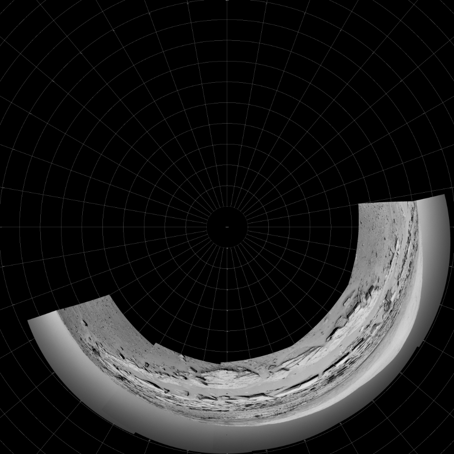 NASA's Mars rover Curiosity took 5 images in Gale Crater using its mast-mounted Left Navigation Camera (Navcam) to create this mosaic. The seam-corrected mosaic provides a polar stereographic projection panorama of the Martian surface with 0 degrees azimuth (measured clockwise from north) at the top of the image. Curiosity took the images on February 20, 2014, Sol 548 of the Mars Science Laboratory mission at drive 802, site number 27. The local mean solar time for the image exposures was 1 PM. Each Navcam image has a 45-degree field of view. CREDIT: NASA/JPL-Caltech