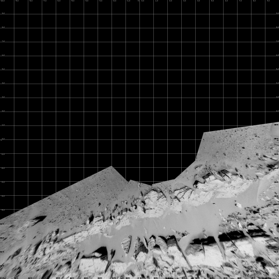 NASA's Mars rover Curiosity took 5 images in Gale Crater using its mast-mounted Left Navigation Camera (Navcam) to create this mosaic. The seam-corrected mosaic provides a vertical projection of the Martian surface near the rover, covering an area of 20 meters (north/south) by 20 meters (east/west). North is up in the image. This projection provides an overhead view, but introduces distortion for items not on the surface, such as large rocks and the rover itself.  Curiosity took the images on February 20, 2014, Sol 548 of the Mars Science Laboratory mission at drive 802, site number 27. The local mean solar time for the image exposures was 1 PM. Each Navcam image has a 45-degree field of view. CREDIT: NASA/JPL-Caltech