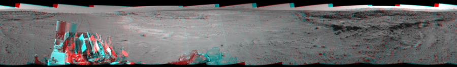 NASA's Mars rover Curiosity took 12 image pairs in Gale Crater using its mast-mounted Navigation Camera (Navcam) to create this mosaic. The seam-corrected mosaic provides a 360-degree cylindrical perspective projection panorama of the Martian surface suitable for stereo viewing, centered at 311 degrees azimuth (measured clockwise from north). This anaglyph must be viewed with red/blue glasses (red over left eye).  Curiosity took the images on February 24, 2014, Sol 552 of the Mars Science Laboratory mission at drive 0, site number 28. The local mean solar time for the image exposures was 2 PM. Each Navcam image has a 45-degree field of view. CREDIT: NASA/JPL-Caltech