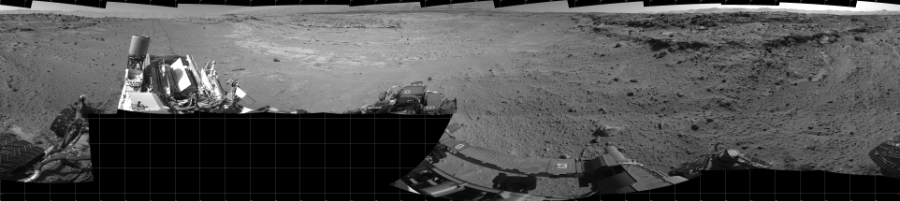 NASA's Mars rover Curiosity took 19 images in Gale Crater using its mast-mounted Left Navigation Camera (Navcam) to create this mosaic. The seam-corrected mosaic provides a 360-degree cylindrical projection panorama of the Martian surface centered at 180 degrees azimuth (measured clockwise from north). Curiosity took the images on February 24, 2014, Sol 552 of the Mars Science Laboratory mission at drive 0, site number 28. The local mean solar time for the image exposures was 2 PM. Each Navcam image has a 45 degree field of view. CREDIT: NASA/JPL-Caltech