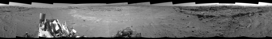 NASA's Mars rover Curiosity took 12 images in Gale Crater using its mast-mounted Left Navigation Camera (Navcam) to create this mosaic. The seam-corrected mosaic provides a 360-degree cylindrical-perspective projection panorama of the Martian surface suitable for stereo viewing, centered at 311 degrees azimuth (measured clockwise from north). This single-eye view must be combined with the partner right image to be viewed in stereo.  Curiosity took the images on February 24, 2014, Sol 552 of the Mars Science Laboratory mission at drive 0, site number 28. The local mean solar time for the image exposures was 2 PM. Each Navcam image has a 45-degree field of view. CREDIT: NASA/JPL-Caltech