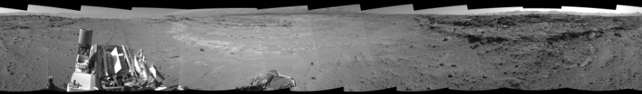 NASA's Mars rover Curiosity took 12 images in Gale Crater using its mast-mounted Right Navigation Camera (Navcam) to create this mosaic. The seam-corrected mosaic provides a 0-degree cylindrical-perspective projection panorama of the Martian surface suitable for stereo viewing, centered at 127 degrees azimuth (measured clockwise from north). This single-eye view must be combined with the partner left image to be viewed in stereo.  Curiosity took the images on February 24, 2014, Sol 552 of the Mars Science Laboratory mission at drive 0, site number 28. The local mean solar time for the image exposures was 2 PM. Each Navcam image has a 45-degree field of view. CREDIT: NASA/JPL-Caltech