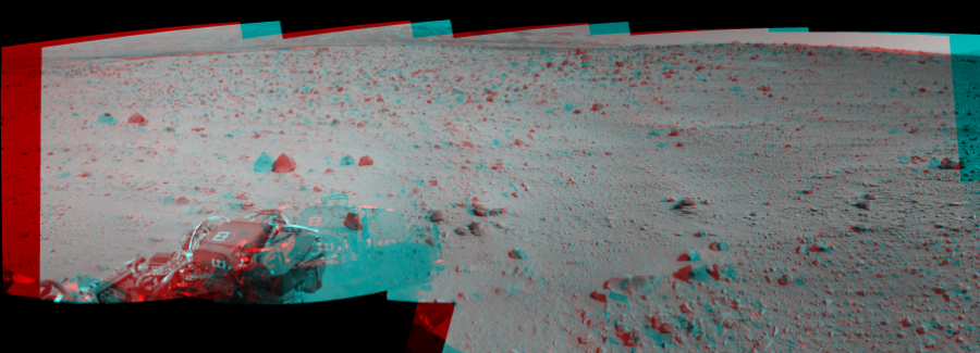 NASA's Mars rover Curiosity took 12 image pairs in Gale Crater using its mast-mounted Navigation Camera (Navcam) to create this mosaic. The seam-corrected mosaic provides a 168-degree cylindrical perspective projection panorama of the Martian surface suitable for stereo viewing, centered at 326 degrees azimuth (measured clockwise from north). This anaglyph must be viewed with red/blue glasses (red over left eye). Curiosity took the images on March 04, 2014, Sol 559 of the Mars Science Laboratory mission at drive 914, site number 28. The local mean solar time for the image exposures was 2 PM. Each Navcam image has a 45-degree field of view. CREDIT: NASA/JPL-Caltech
