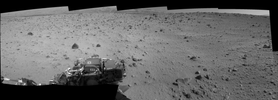 NASA's Mars rover Curiosity took 12 images in Gale Crater using its mast-mounted Left Navigation Camera (Navcam) to create this mosaic. The seam-corrected mosaic provides a 168-degree cylindrical-perspective projection panorama of the Martian surface suitable for stereo viewing, centered at 326 degrees azimuth (measured clockwise from north). This single-eye view must be combined with the partner right image to be viewed in stereo. Curiosity took the images on March 04, 2014, Sol 559 of the Mars Science Laboratory mission at drive 914, site number 28. The local mean solar time for the image exposures was 2 PM. Each Navcam image has a 45-degree field of view. CREDIT: NASA/JPL-Caltech
