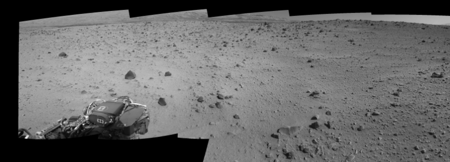 NASA's Mars rover Curiosity took 12 images in Gale Crater using its mast-mounted Right Navigation Camera (Navcam) to create this mosaic. The seam-corrected mosaic provides a 168-degree cylindrical-perspective projection panorama of the Martian surface suitable for stereo viewing, centered at 319 degrees azimuth (measured clockwise from north). This single-eye view must be combined with the partner left image to be viewed in stereo.  Curiosity took the images on March 04, 2014, Sol 559 of the Mars Science Laboratory mission at drive 914, site number 28. The local mean solar time for the image exposures was 2 PM. Each Navcam image has a 45-degree field of view. CREDIT: NASA/JPL-Caltech