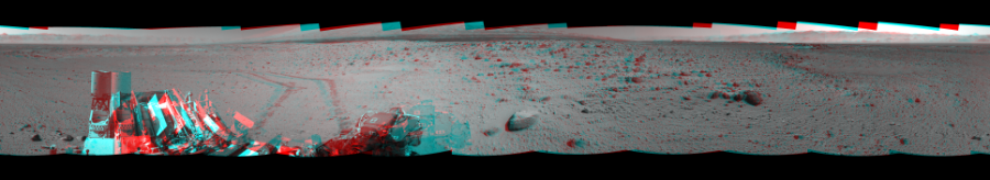 NASA's Mars rover Curiosity took 12 image pairs in Gale Crater using its mast-mounted Navigation Camera (Navcam) to create this mosaic. The seam-corrected mosaic provides a 360-degree cylindrical perspective projection panorama of the Martian surface suitable for stereo viewing, centered at 325 degrees azimuth (measured clockwise from north). This anaglyph must be viewed with red/blue glasses (red over left eye).  Curiosity took the images on March 05, 2014, Sol 560 of the Mars Science Laboratory mission at drive 1122, site number 28. The local mean solar time for the image exposures was 2 PM. Each Navcam image has a 45-degree field of view. CREDIT: NASA/JPL-Caltech