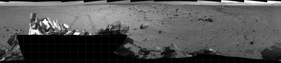NASA's Mars rover Curiosity took 19 images in Gale Crater using its mast-mounted Left Navigation Camera (Navcam) to create this mosaic. The seam-corrected mosaic provides a 360-degree cylindrical projection panorama of the Martian surface centered at 180 degrees azimuth (measured clockwise from north). Curiosity took the images on March 05, 2014, Sol 560 of the Mars Science Laboratory mission at drive 1122, site number 28. The local mean solar time for the image exposures was 2 PM. Each Navcam image has a 45 degree field of view. CREDIT: NASA/JPL-Caltech