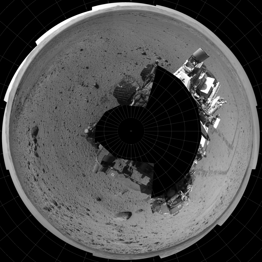 NASA's Mars rover Curiosity took 19 images in Gale Crater using its mast-mounted Left Navigation Camera (Navcam) to create this mosaic. The seam-corrected mosaic provides a polar stereographic projection panorama of the Martian surface with 0 degrees azimuth (measured clockwise from north) at the top of the image. Curiosity took the images on March 05, 2014, Sol 560 of the Mars Science Laboratory mission at drive 1122, site number 28. The local mean solar time for the image exposures was 2 PM. Each Navcam image has a 45-degree field of view. CREDIT: NASA/JPL-Caltech