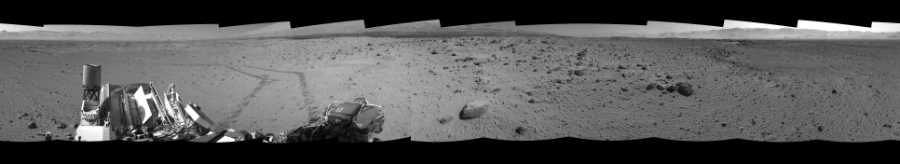 NASA's Mars rover Curiosity took 12 images in Gale Crater using its mast-mounted Right Navigation Camera (Navcam) to create this mosaic. The seam-corrected mosaic provides a 360-degree cylindrical-perspective projection panorama of the Martian surface suitable for stereo viewing, centered at 318 degrees azimuth (measured clockwise from north). This single-eye view must be combined with the partner left image to be viewed in stereo.  Curiosity took the images on March 05, 2014, Sol 560 of the Mars Science Laboratory mission at drive 1122, site number 28. The local mean solar time for the image exposures was 2 PM. Each Navcam image has a 45-degree field of view. CREDIT: NASA/JPL-Caltech