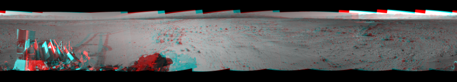 NASA's Mars rover Curiosity took 12 image pairs in Gale Crater using its mast-mounted Navigation Camera (Navcam) to create this mosaic. The seam-corrected mosaic provides a 360-degree cylindrical perspective projection panorama of the Martian surface suitable for stereo viewing, centered at 344 degrees azimuth (measured clockwise from north). This anaglyph must be viewed with red/blue glasses (red over left eye). Curiosity took the images on March 06, 2014, Sol 561 of the Mars Science Laboratory mission at drive 1350, site number 28. The local mean solar time for the image exposures was 2 PM. Each Navcam image has a 45-degree field of view. CREDIT: NASA/JPL-Caltech