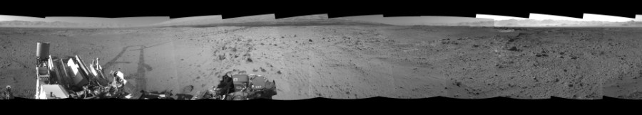 NASA's Mars rover Curiosity took 12 images in Gale Crater using its mast-mounted Left Navigation Camera (Navcam) to create this mosaic. The seam-corrected mosaic provides a 360-degree cylindrical-perspective projection panorama of the Martian surface suitable for stereo viewing, centered at 344 degrees azimuth (measured clockwise from north). This single-eye view must be combined with the partner right image to be viewed in stereo.  Curiosity took the images on March 06, 2014, Sol 561 of the Mars Science Laboratory mission at drive 1350, site number 28. The local mean solar time for the image exposures was 2 PM. Each Navcam image has a 45-degree field of view. CREDIT: NASA/JPL-Caltech
