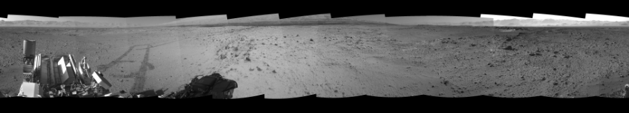 NASA's Mars rover Curiosity took 12 images in Gale Crater using its mast-mounted Right Navigation Camera (Navcam) to create this mosaic. The seam-corrected mosaic provides a 0-degree cylindrical-perspective projection panorama of the Martian surface suitable for stereo viewing, centered at 157 degrees azimuth (measured clockwise from north). This single-eye view must be combined with the partner left image to be viewed in stereo.  Curiosity took the images on March 06, 2014, Sol 561 of the Mars Science Laboratory mission at drive 1350, site number 28. The local mean solar time for the image exposures was 2 PM. Each Navcam image has a 45-degree field of view. CREDIT: NASA/JPL-Caltech