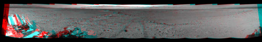 NASA's Mars rover Curiosity took 11 image pairs in Gale Crater using its mast-mounted Navigation Camera (Navcam) to create this mosaic. The seam-corrected mosaic provides a 352-degree cylindrical perspective projection panorama of the Martian surface suitable for stereo viewing, centered at 359 degrees azimuth (measured clockwise from north). This anaglyph must be viewed with red/blue glasses (red over left eye).  Curiosity took the images on March 08, 2014, Sol 563 of the Mars Science Laboratory mission at drive 0, site number 29. The local mean solar time for the image exposures was from 2 PM to 3 PM. Each Navcam image has a 45-degree field of view. CREDIT: NASA/JPL-Caltech