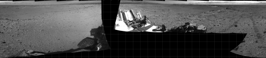 NASA's Mars rover Curiosity took 16 images in Gale Crater using its mast-mounted Left Navigation Camera (Navcam) to create this mosaic. The seam-corrected mosaic provides a 360-degree cylindrical projection panorama of the Martian surface centered at 180 degrees azimuth (measured clockwise from north). Curiosity took the images on March 08, 2014, Sol 563 of the Mars Science Laboratory mission at drive 0, site number 29. The local mean solar time for the image exposures was from 2 PM to 3 PM. Each Navcam image has a 45 degree field of view. CREDIT: NASA/JPL-Caltech