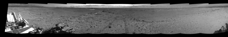 NASA's Mars rover Curiosity took 11 images in Gale Crater using its mast-mounted Right Navigation Camera (Navcam) to create this mosaic. The seam-corrected mosaic provides a 352-degree cylindrical-perspective projection panorama of the Martian surface suitable for stereo viewing, centered at 352 degrees azimuth (measured clockwise from north). This single-eye view must be combined with the partner left image to be viewed in stereo.  Curiosity took the images on March 08, 2014, Sol 563 of the Mars Science Laboratory mission at drive 0, site number 29. The local mean solar time for the image exposures was from 2 PM to 3 PM. Each Navcam image has a 45-degree field of view. CREDIT: NASA/JPL-Caltech