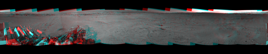 NASA's Mars rover Curiosity took 12 image pairs in Gale Crater using its mast-mounted Navigation Camera (Navcam) to create this mosaic. The seam-corrected mosaic provides a 360-degree cylindrical perspective projection panorama of the Martian surface suitable for stereo viewing, centered at 2 degrees azimuth (measured clockwise from north). This anaglyph must be viewed with red/blue glasses (red over left eye).  Curiosity took the images on March 09, 2014, Sol 564 of the Mars Science Laboratory mission at drive 298, site number 29. The local mean solar time for the image exposures was from 2 PM to 4 PM. Each Navcam image has a 45-degree field of view. CREDIT: NASA/JPL-Caltech