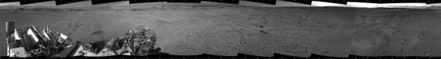 NASA's Mars rover Curiosity took 12 images in Gale Crater using its mast-mounted Left Navigation Camera (Navcam) to create this mosaic. The seam-corrected mosaic provides a 360-degree cylindrical projection panorama of the Martian surface centered at 180 degrees azimuth (measured clockwise from north). Curiosity took the images on March 09, 2014, Sol 564 of the Mars Science Laboratory mission at drive 298, site number 29. The local mean solar time for the image exposures was from 2 PM to 4 PM. Each Navcam image has a 45 degree field of view. CREDIT: NASA/JPL-Caltech