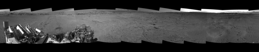 NASA's Mars rover Curiosity took 12 images in Gale Crater using its mast-mounted Left Navigation Camera (Navcam) to create this mosaic. The seam-corrected mosaic provides a 360-degree cylindrical-perspective projection panorama of the Martian surface suitable for stereo viewing, centered at 2 degrees azimuth (measured clockwise from north). This single-eye view must be combined with the partner right image to be viewed in stereo.  Curiosity took the images on March 09, 2014, Sol 564 of the Mars Science Laboratory mission at drive 298, site number 29. The local mean solar time for the image exposures was from 2 PM to 4 PM. Each Navcam image has a 45-degree field of view. CREDIT: NASA/JPL-Caltech