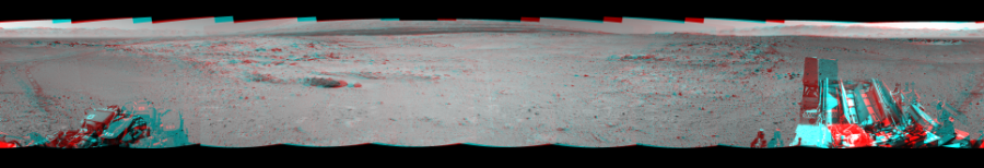 NASA's Mars rover Curiosity took 12 image pairs in Gale Crater using its mast-mounted Navigation Camera (Navcam) to create this mosaic. The seam-corrected mosaic provides a 360-degree cylindrical perspective projection panorama of the Martian surface suitable for stereo viewing, centered at 65 degrees azimuth (measured clockwise from north). This anaglyph must be viewed with red/blue glasses (red over left eye). Curiosity took the images on March 10, 2014, Sol 565 of the Mars Science Laboratory mission at drive 536, site number 29. The local mean solar time for the image exposures was 1 PM. Each Navcam image has a 45-degree field of view. CREDIT: NASA/JPL-Caltech