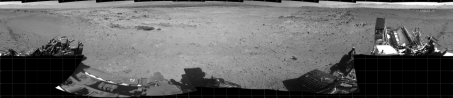 NASA's Mars rover Curiosity took 19 images in Gale Crater using its mast-mounted Left Navigation Camera (Navcam) to create this mosaic. The seam-corrected mosaic provides a 360-degree cylindrical projection panorama of the Martian surface centered at 180 degrees azimuth (measured clockwise from north). Curiosity took the images on March 10, 2014, Sol 565 of the Mars Science Laboratory mission at drive 536, site number 29. The local mean solar time for the image exposures was 1 PM. Each Navcam image has a 45 degree field of view. CREDIT: NASA/JPL-Caltech