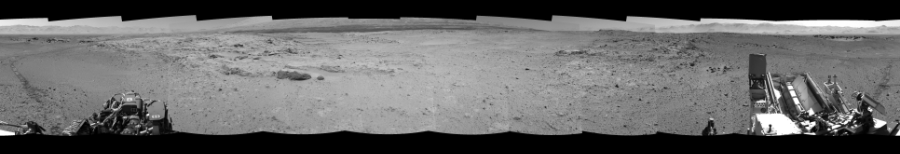 NASA's Mars rover Curiosity took 12 images in Gale Crater using its mast-mounted Left Navigation Camera (Navcam) to create this mosaic. The seam-corrected mosaic provides a 360-degree cylindrical-perspective projection panorama of the Martian surface suitable for stereo viewing, centered at 65 degrees azimuth (measured clockwise from north). This single-eye view must be combined with the partner right image to be viewed in stereo.  Curiosity took the images on March 10, 2014, Sol 565 of the Mars Science Laboratory mission at drive 536, site number 29. The local mean solar time for the image exposures was 1 PM. Each Navcam image has a 45-degree field of view. CREDIT: NASA/JPL-Caltech