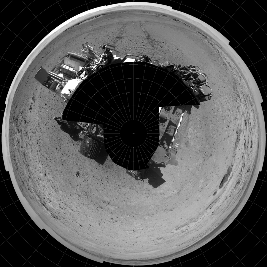 NASA's Mars rover Curiosity took 19 images in Gale Crater using its mast-mounted Left Navigation Camera (Navcam) to create this mosaic. The seam-corrected mosaic provides a polar stereographic projection panorama of the Martian surface with 0 degrees azimuth (measured clockwise from north) at the top of the image. Curiosity took the images on March 10, 2014, Sol 565 of the Mars Science Laboratory mission at drive 536, site number 29. The local mean solar time for the image exposures was 1 PM. Each Navcam image has a 45-degree field of view. CREDIT: NASA/JPL-Caltech